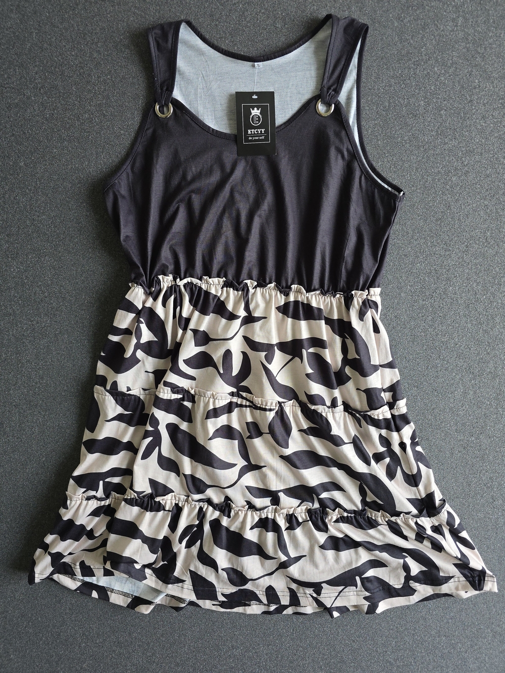 NWT Etcyy Women's Black & Cream Tiered Sleeveless Mini Dress Abstract Left Print